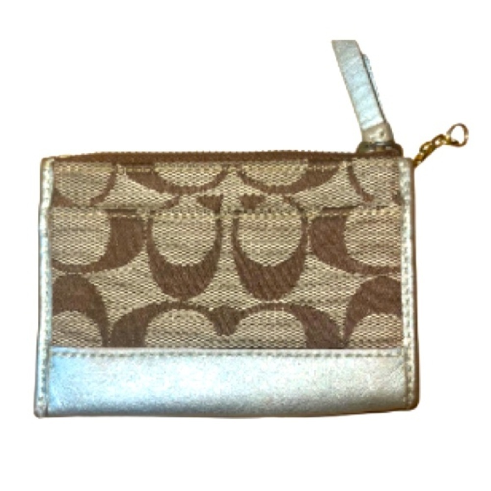 Coach “C” Signature Brown Small Change Purse Wallet Gold Leather Logo & Chain - Picture 3 of 7